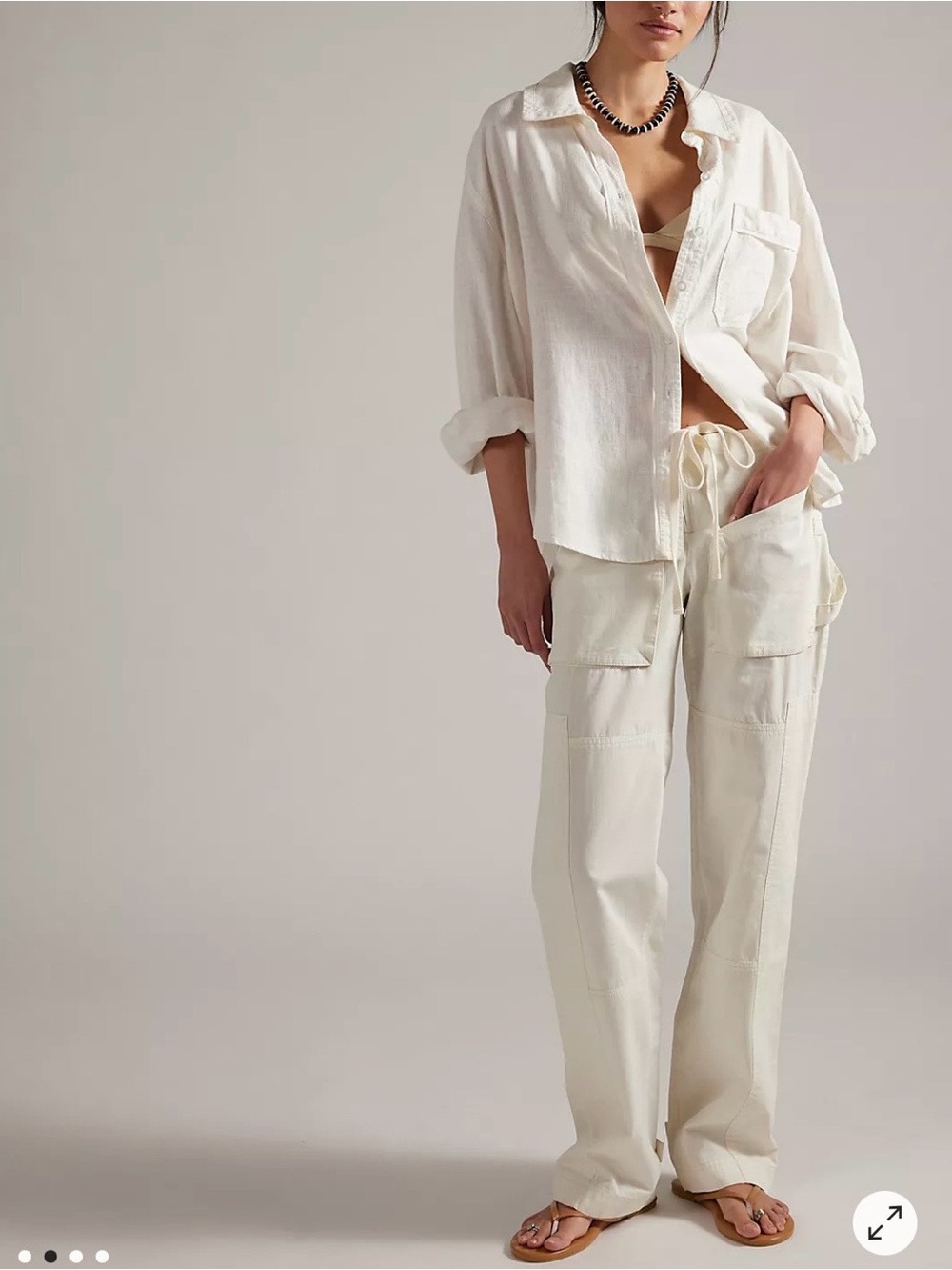 Free People Wide-Leg Drawstring Cargo Pants - Cream